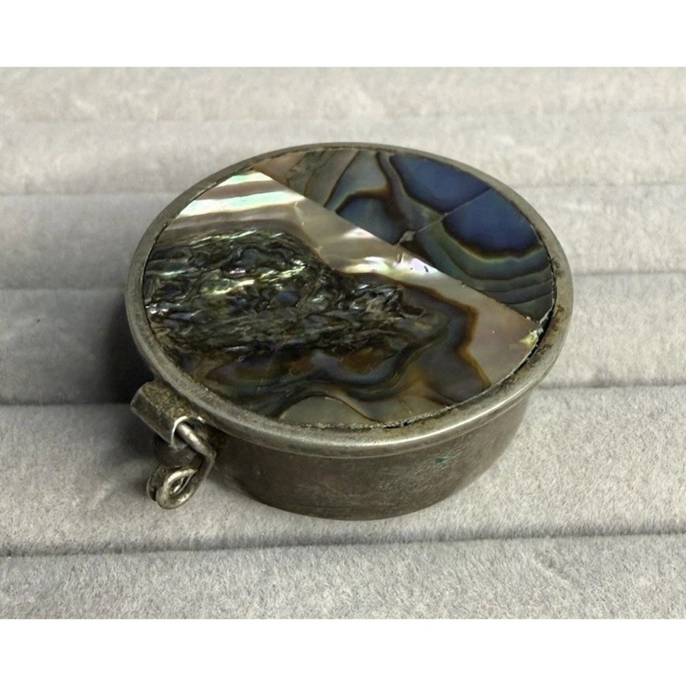 Vintage Alpaca Mexico Silver Abalone Shell Hinged Pill Box